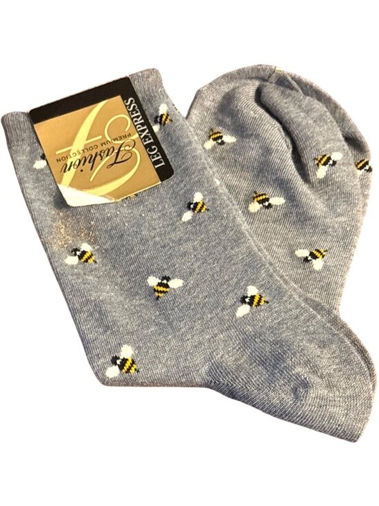 Leg Express Accessories - Womens Fashion Leg Express Bee Print Crew Socks 1 Pr Sz 4-10 Gray Yellow NWT